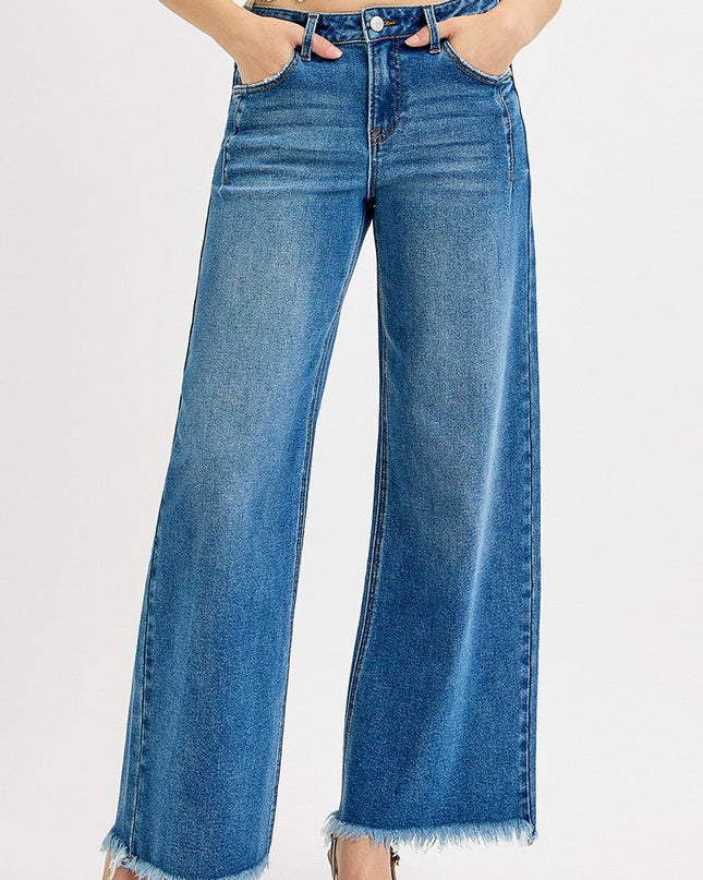 Mid Rise Wide Leg Fray Hem Jeans