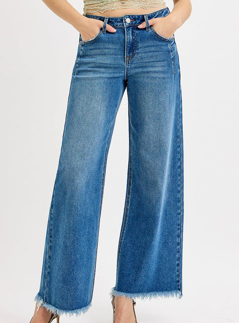 Mid Rise Wide Leg Fray Hem Jeans