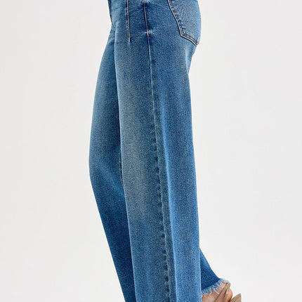 Mid Rise Wide Leg Fray Hem Jeans