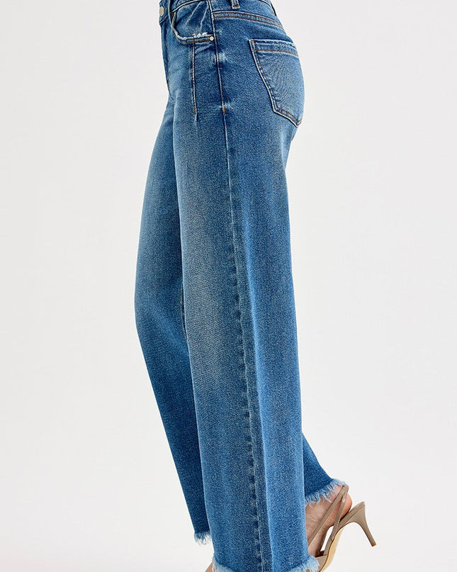Mid Rise Wide Leg Fray Hem Jeans