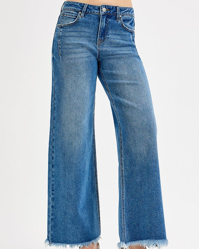 Mid Rise Wide Leg Fray Hem Jeans