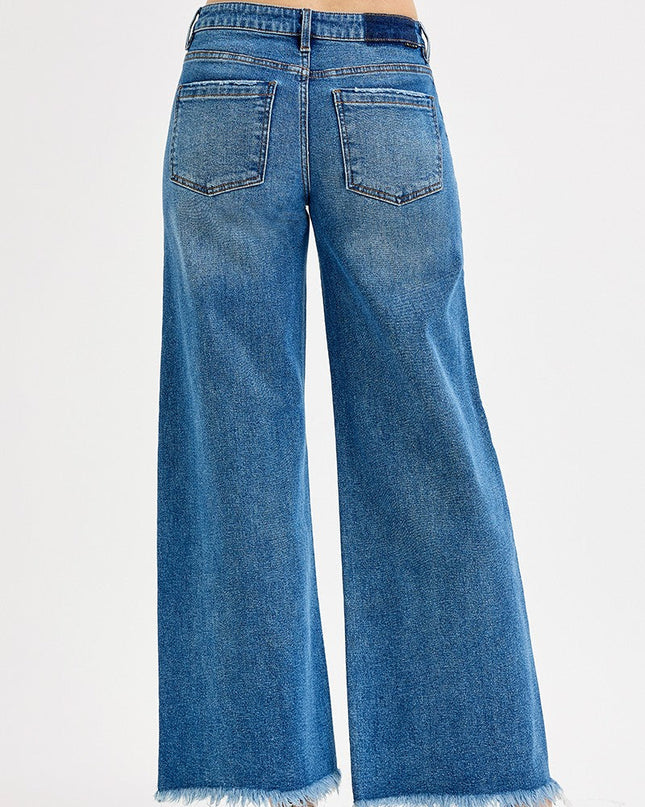 Mid Rise Wide Leg Fray Hem Jeans