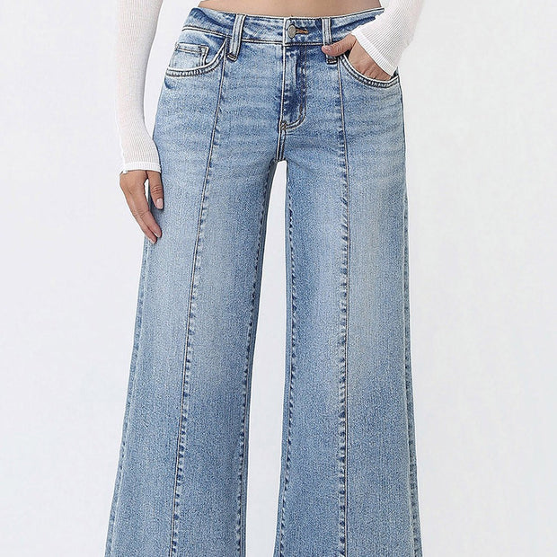Mid Rise Seam Detail Wide Leg Jeans