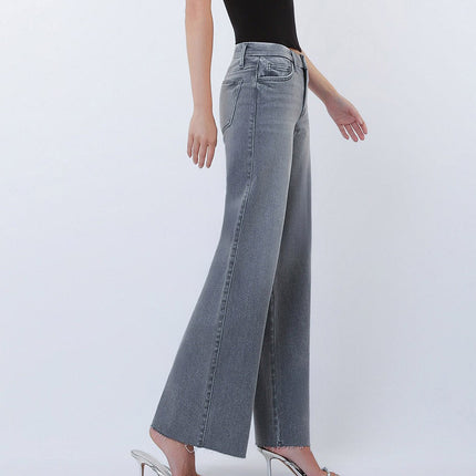 Grey Mid Rise Raw Hem Wide Leg Jeans