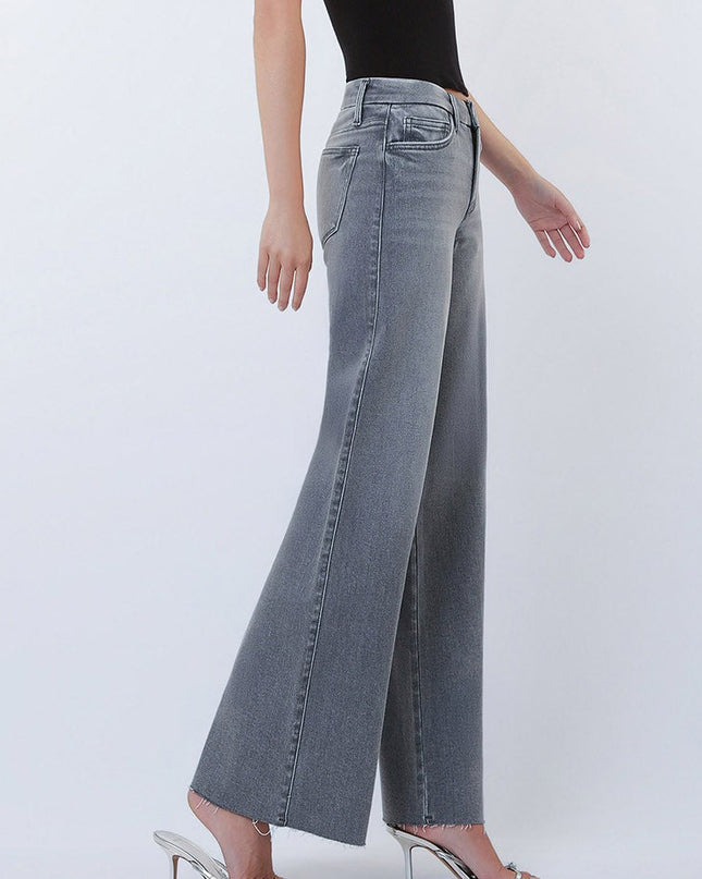 Grey Mid Rise Raw Hem Wide Leg Jeans