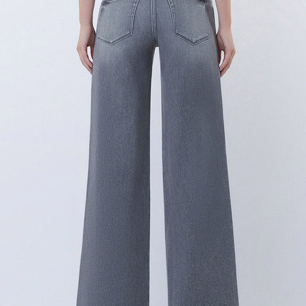 Grey Mid Rise Raw Hem Wide Leg Jeans