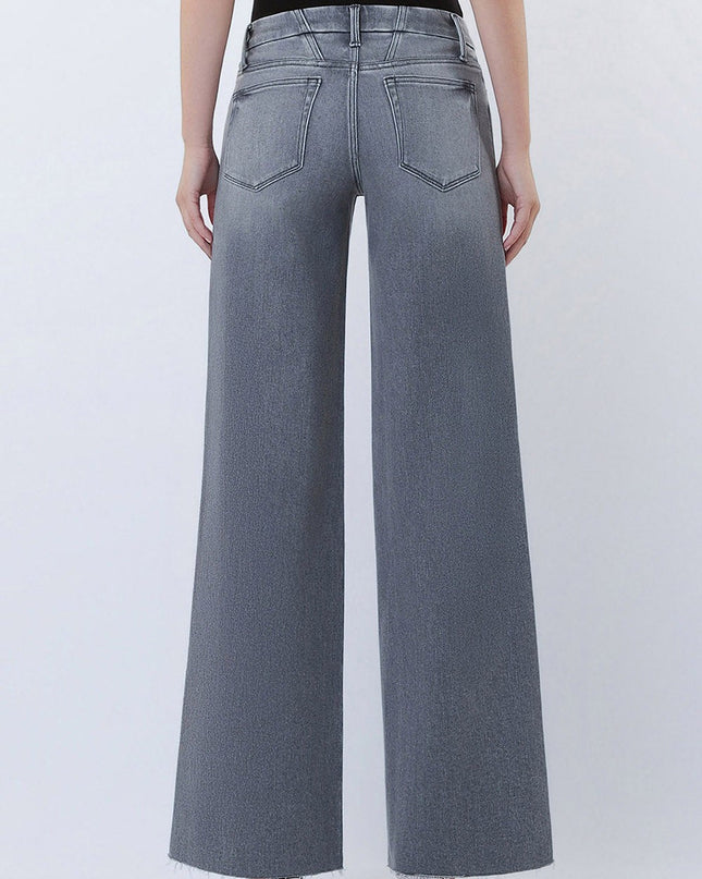 Grey Mid Rise Raw Hem Wide Leg Jeans