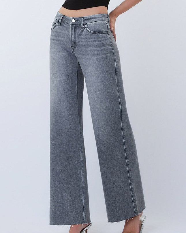 Grey Mid Rise Raw Hem Wide Leg Jeans
