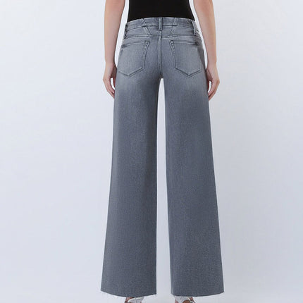 Grey Mid Rise Raw Hem Wide Leg Jeans
