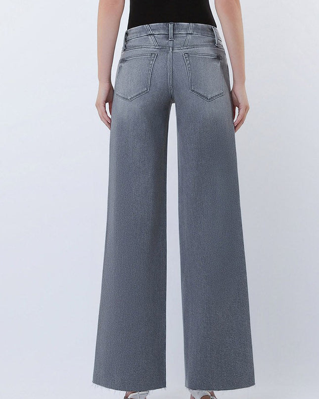 Grey Mid Rise Raw Hem Wide Leg Jeans