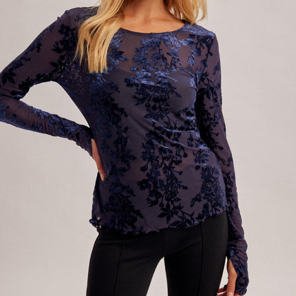 Midnight Blue Velvet Burnout Long Sleeve Top