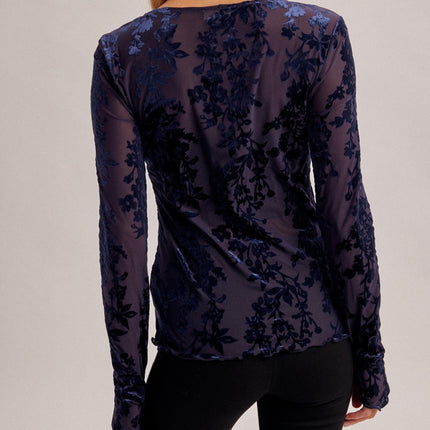 Midnight Blue Velvet Burnout Long Sleeve Top