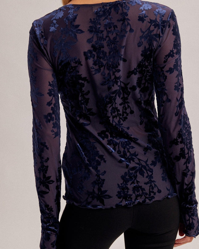 Midnight Blue Velvet Burnout Long Sleeve Top