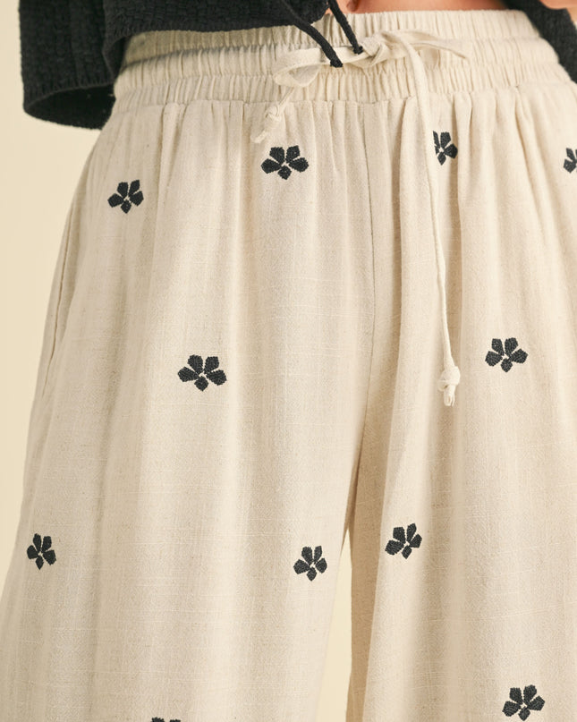 Oatmeal Embroidery Detail Linen Pants