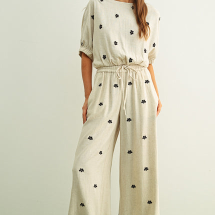 Oatmeal Embroidery Detail Linen Pants