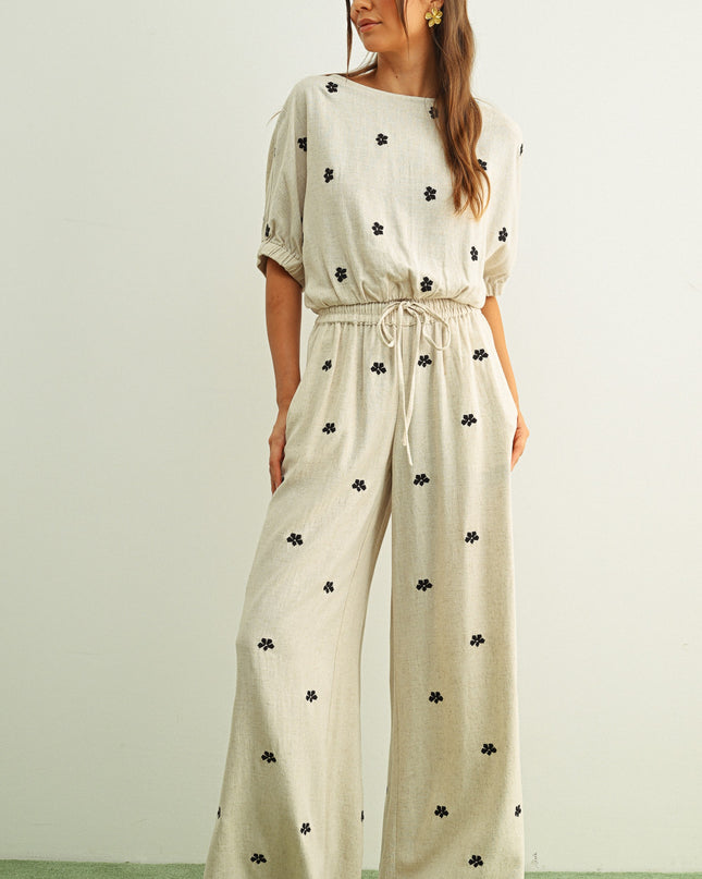 Oatmeal Embroidery Detail Linen Pants