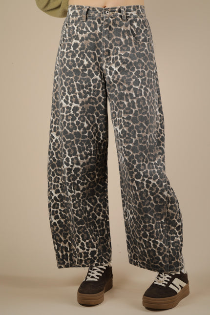 Mocha Leopard Printed Barrel Pants