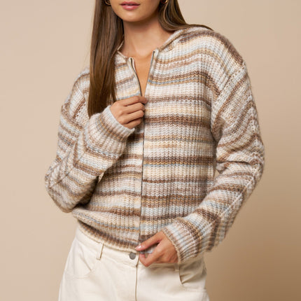 Mocha Multi Striped Zip Front Hooded Sweater