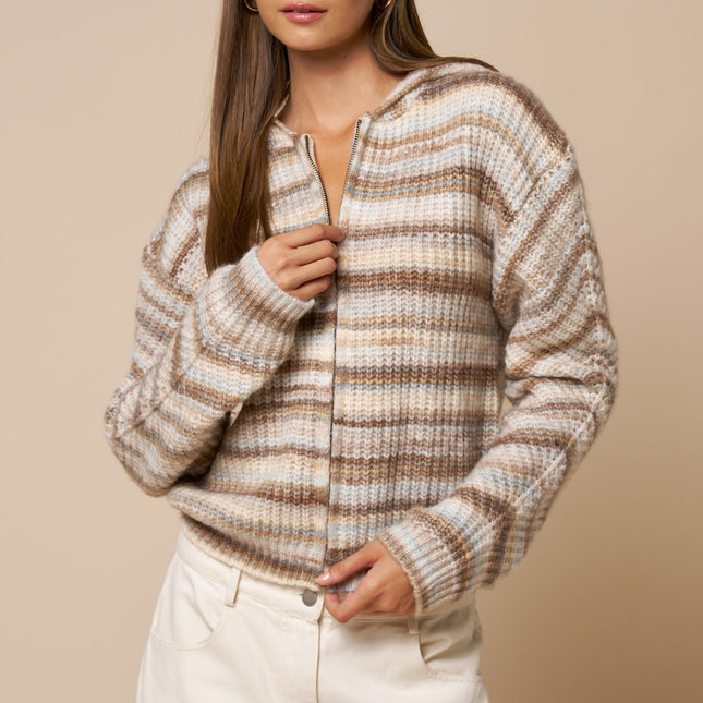 Mocha Multi Striped Zip Front Hooded Sweater