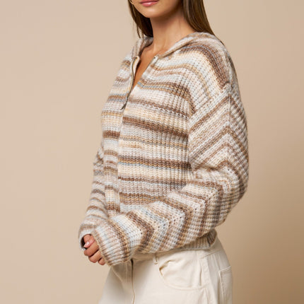 Mocha Multi Striped Zip Front Hooded Sweater