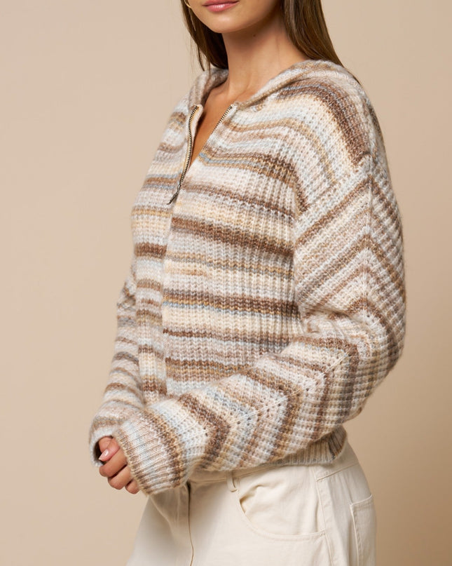 Mocha Multi Striped Zip Front Hooded Sweater