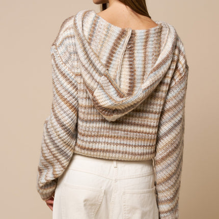 Mocha Multi Striped Zip Front Hooded Sweater