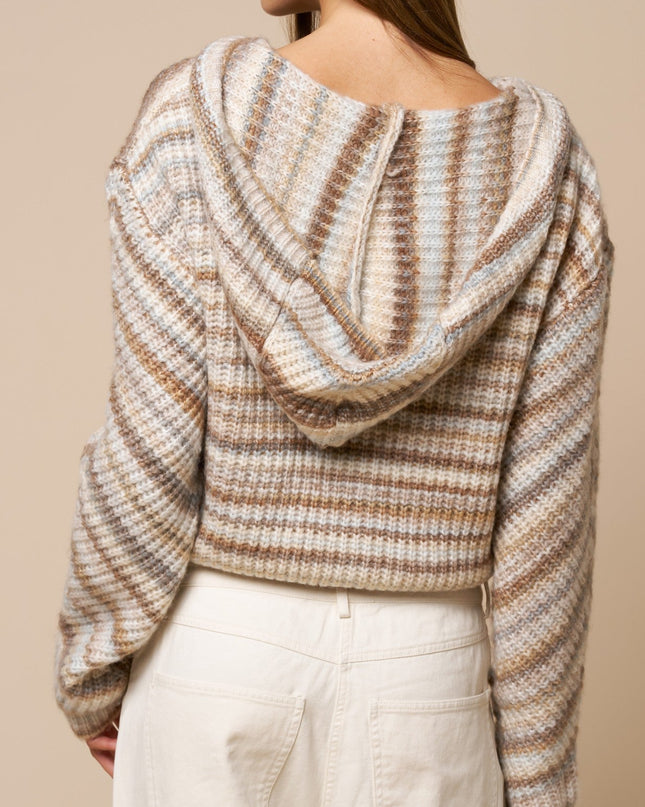 Mocha Multi Striped Zip Front Hooded Sweater