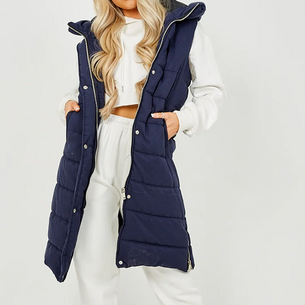 Navy Longline Puffer Vest with Hood