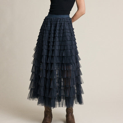 Navy Plaid Mesh Ruffle Maxi Skirt