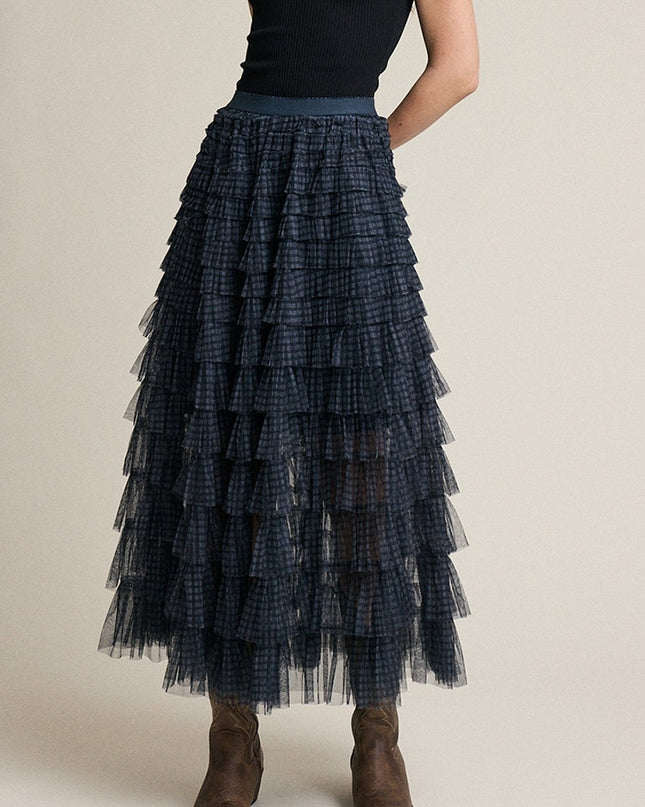 Navy Plaid Mesh Ruffle Maxi Skirt