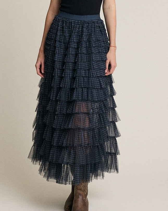 Navy Plaid Mesh Ruffle Maxi Skirt