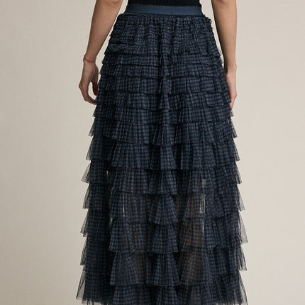 Navy Plaid Mesh Ruffle Maxi Skirt