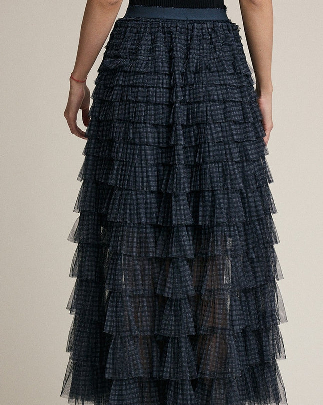 Navy Plaid Mesh Ruffle Maxi Skirt