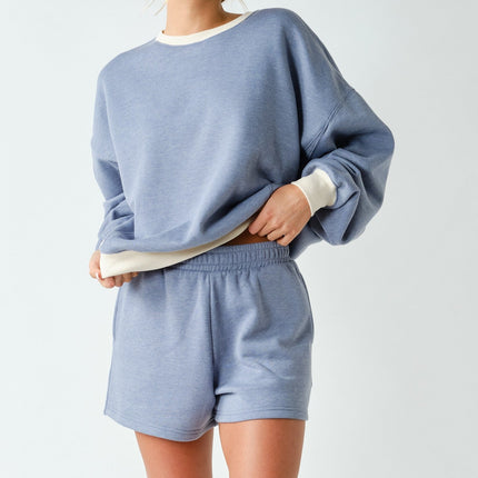 Ocean Blue Cotton Fleece Contrast Crewneck