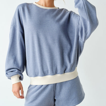 Ocean Blue Cotton Fleece Contrast Crewneck