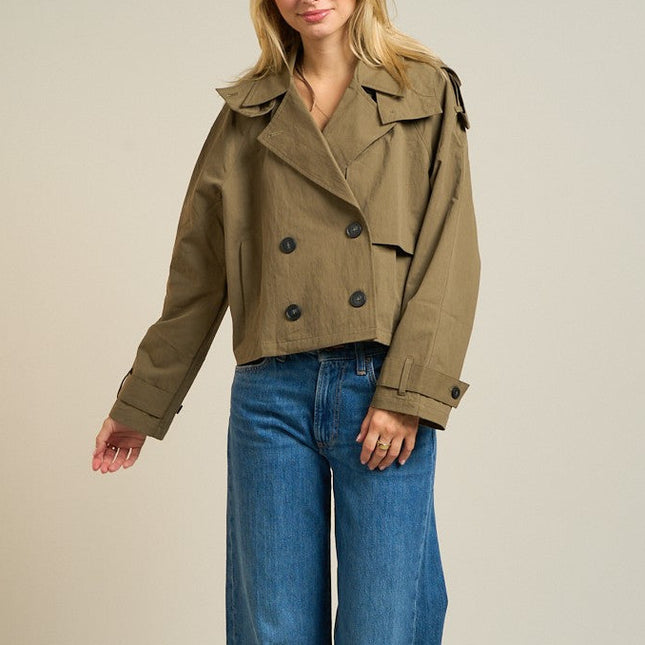 Olive Cropped Double-breasted Trench Jacket - Shop Simply Apparel