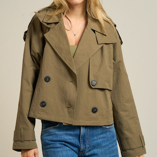 Olive Cropped Double-breasted Trench Jacket