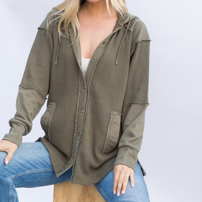 Olive Garment Dye Knit Waffle Hoodie Shacket