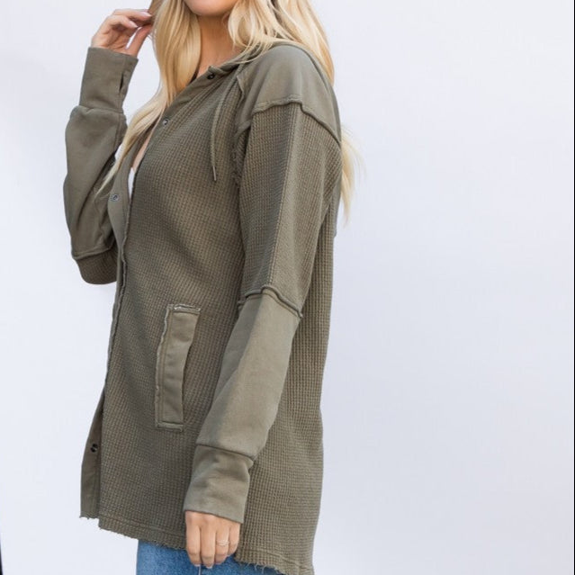 Olive Garment Dye Knit Waffle Hoodie Shacket