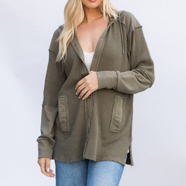 Olive Garment Dye Heavy Knit Waffle Hoodie Shacket