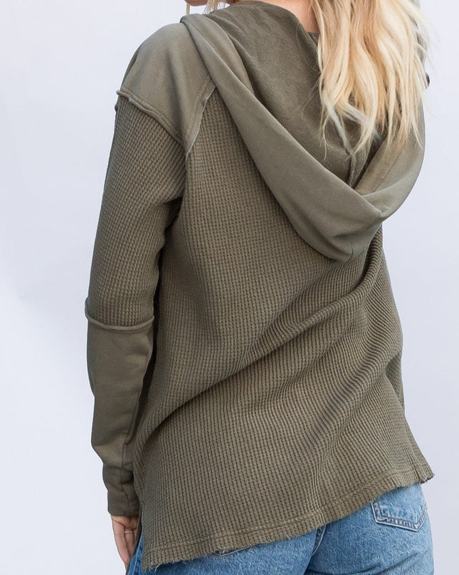Olive Garment Dye Knit Waffle Hoodie Shacket