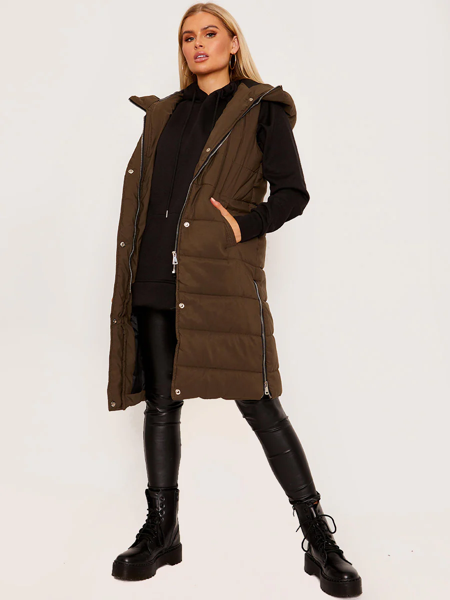 Olive Longline Puffer Hooded Vest