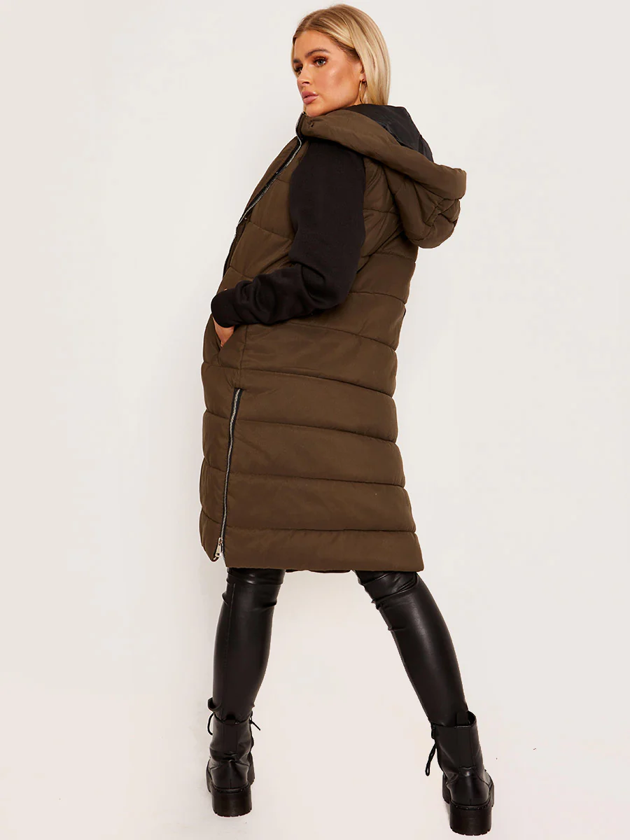 Olive Longline Puffer Hooded Vest