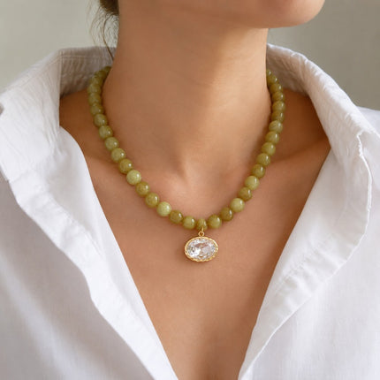 Light Brown Marbled Bead Glass Crystal Pendant Necklace