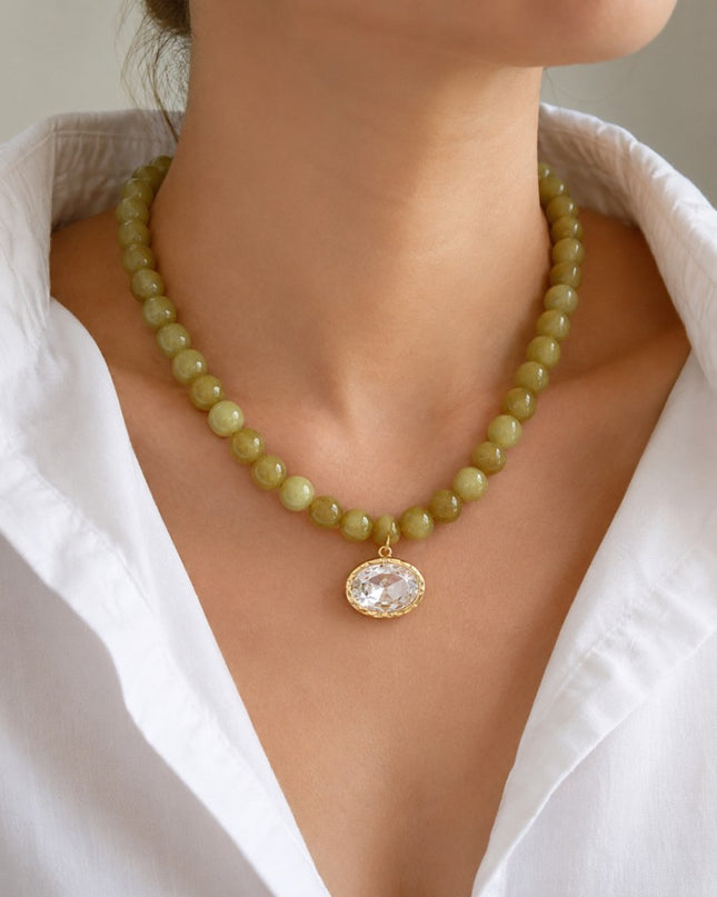Light Brown Marbled Bead Glass Crystal Pendant Necklace