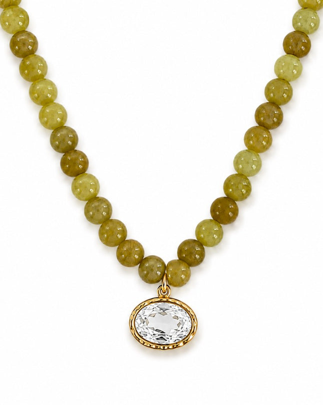 Olive Marbled Bead Glass Crystal Pendant Necklace