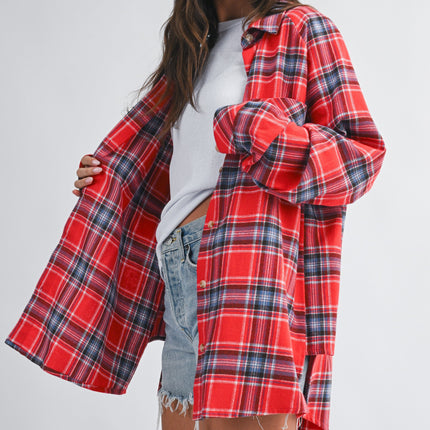 Red Oversized Plaid Button Down Shirt