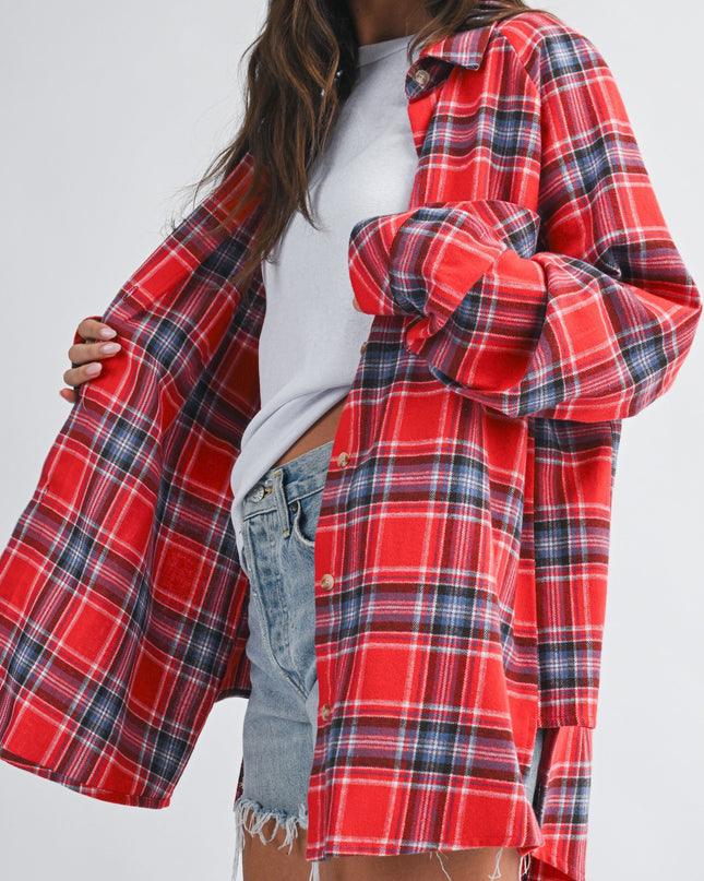 Red Oversized Plaid Button Down Shirt
