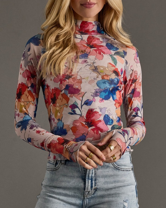 Multicolored Abstract Floral Mesh Top