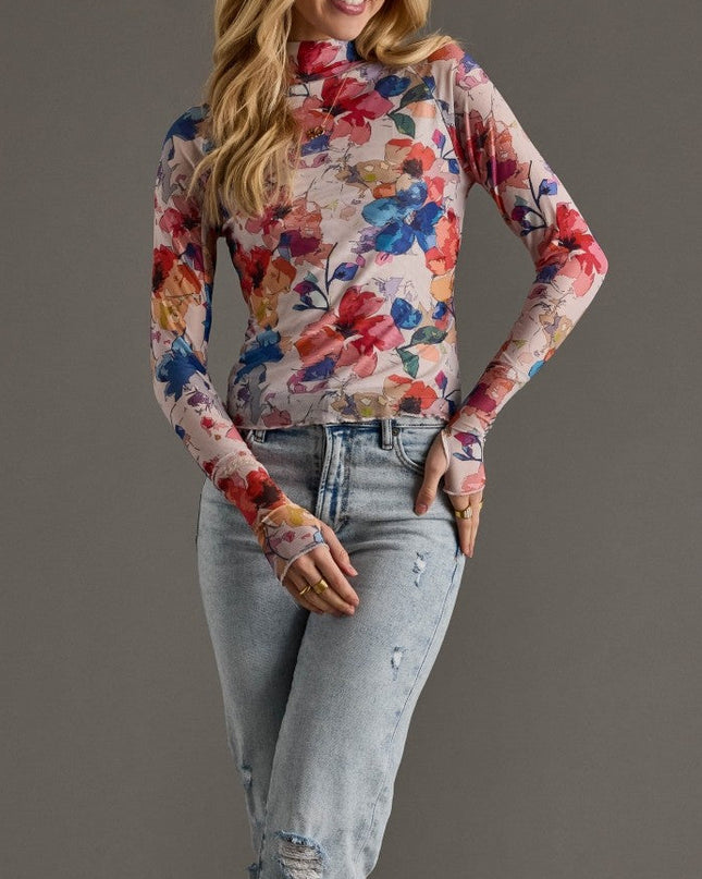 Multicolored Abstract Floral Mesh Top